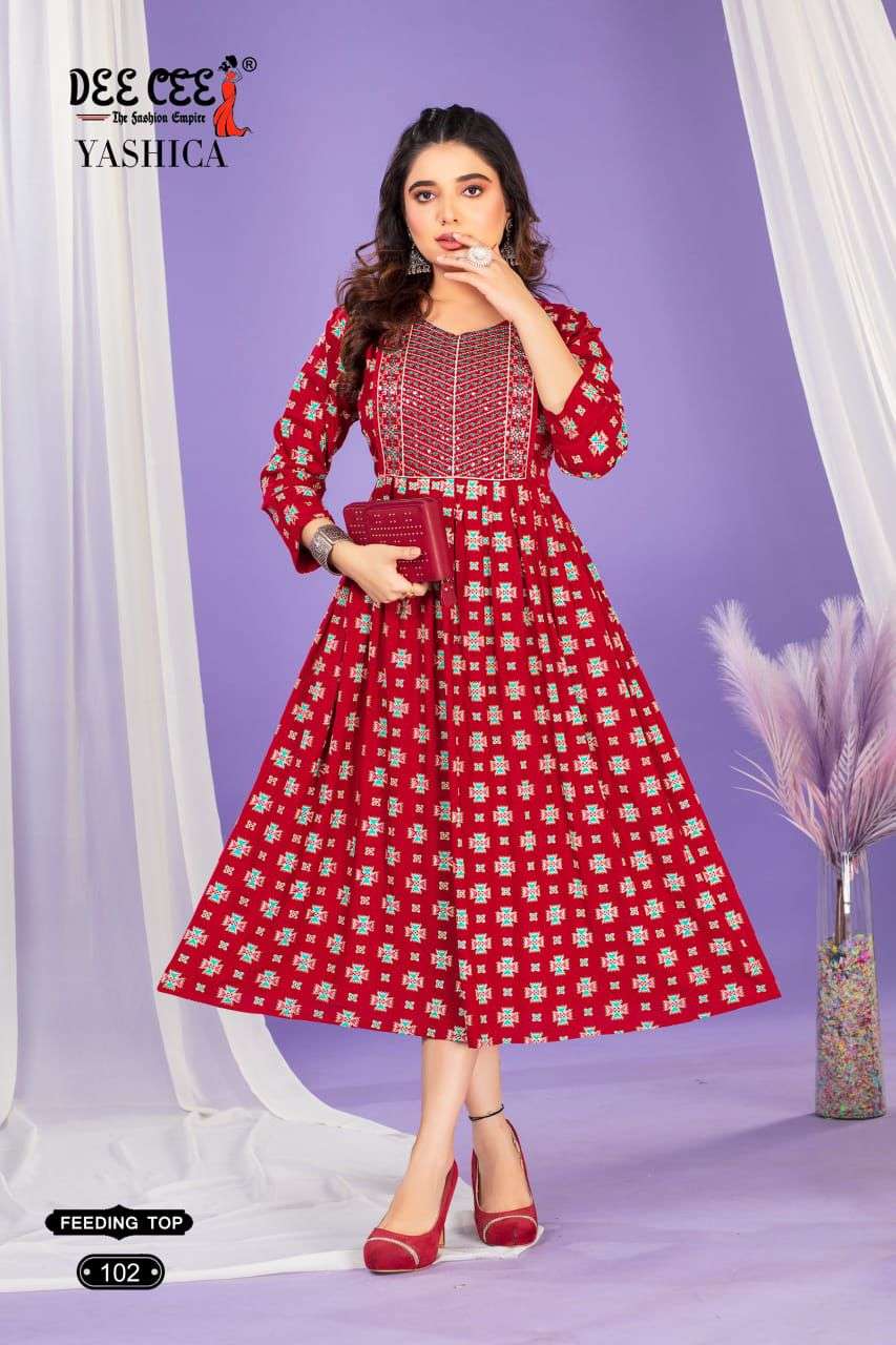 YASHICA BY DEE CEE 101 TO 106 SERIES RAYON PRINT EMBROIDERY WORK KURTIS