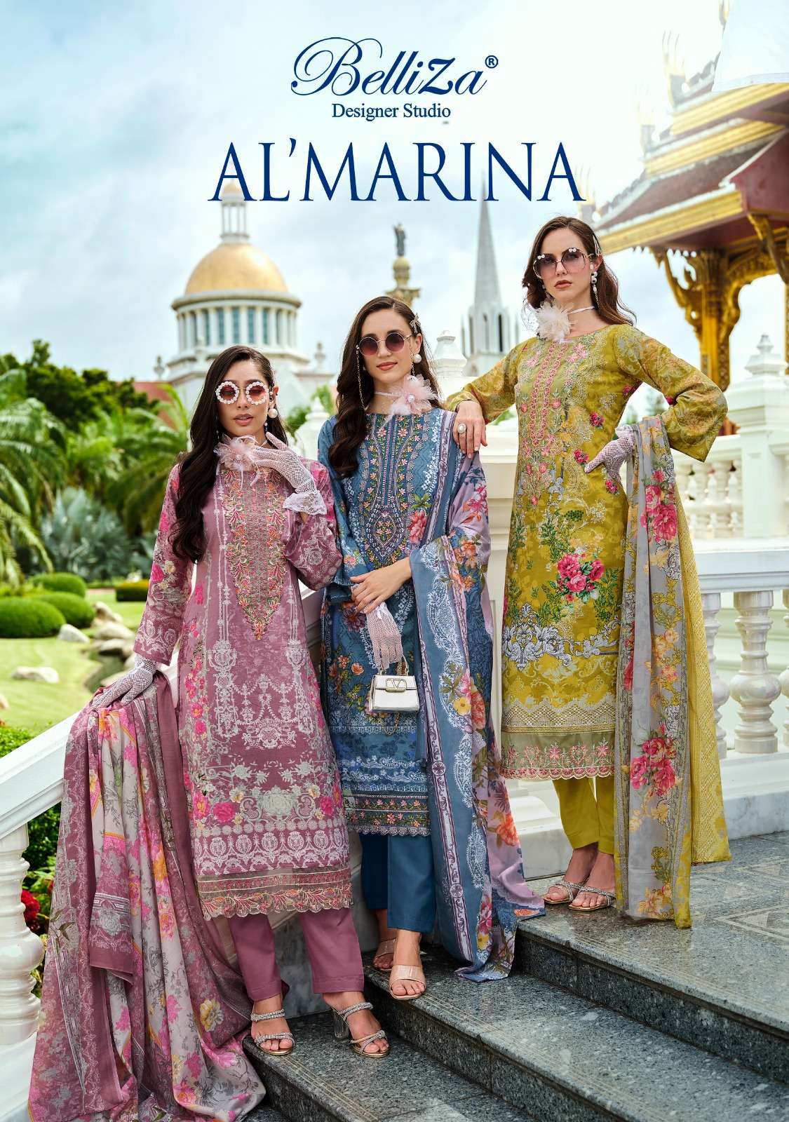 ALMARINA BY BELLIZA 966-001 TO 966-008 SERIES PURE COTTON PRINT WORK PAKISTANI DRESSES