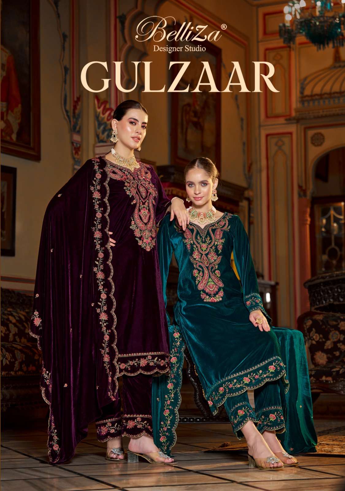 GULZAAR BY BELLIZA 967-001 TO 967-004 SERIES VELVET EMBROIDERY WORK WINTER WEAR DRESSES