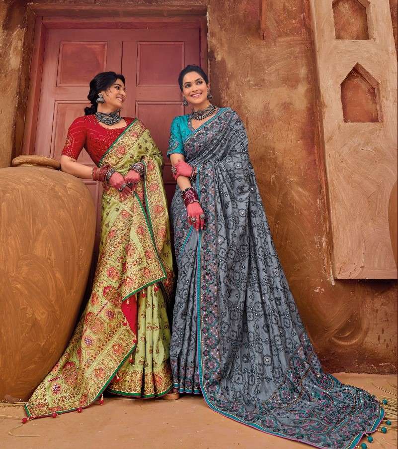 KACHHI WORK HITS BY MN SAREES 202 TO 7008 SERIES DESIGNER SILK HEAVY WORK SAREES