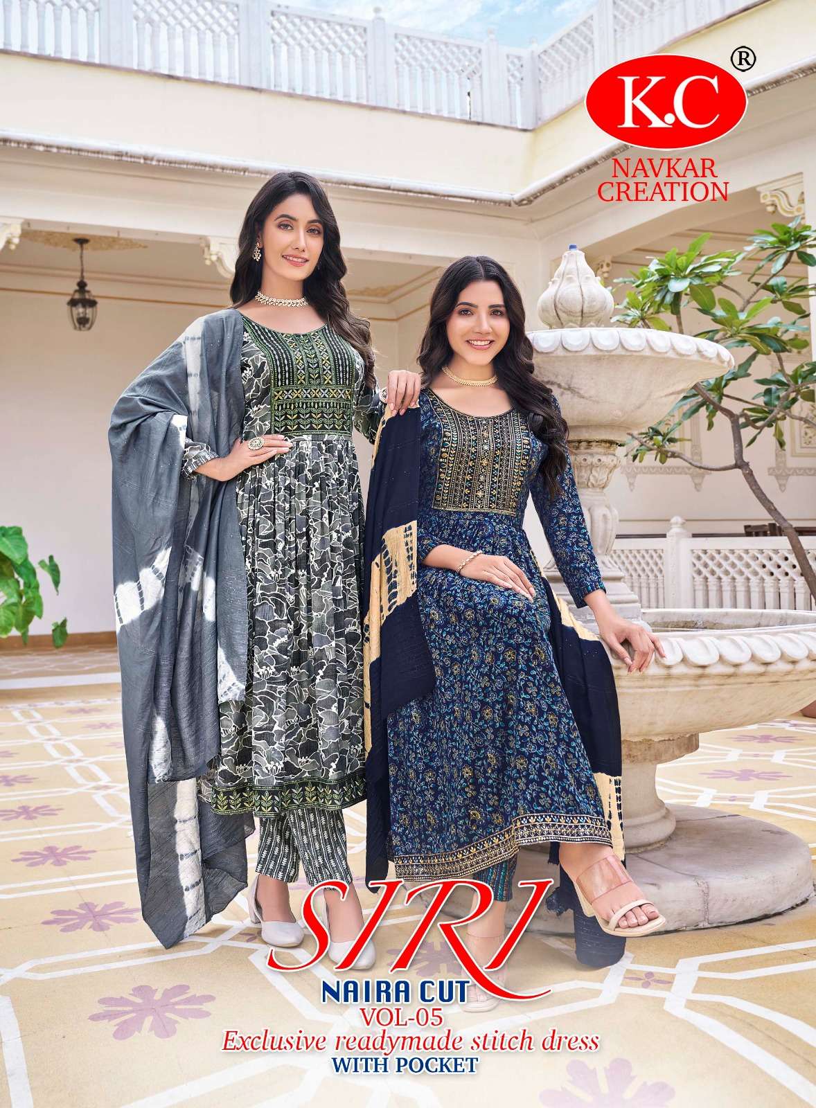 KC SIRI VOL-5 BY AQSAWHOLESALE 5001 TO 5008 SERIES COTTON PRINT WORK READYMADE DRESSES