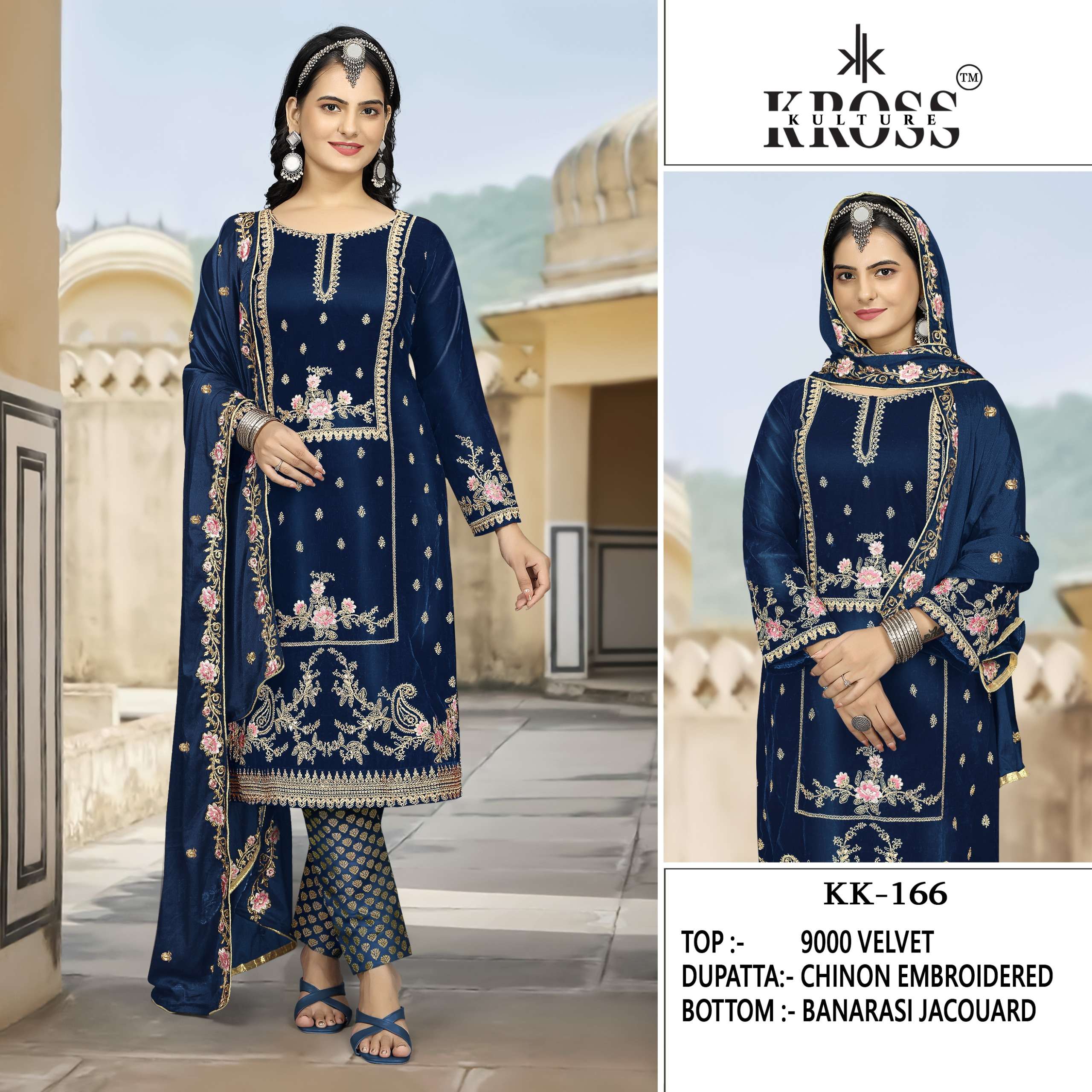 KK-166 COLOURS 166-A TO 166-D SERIES BY KROSS KULTURE VELVET HEAVY WORK WINTER DRESSES