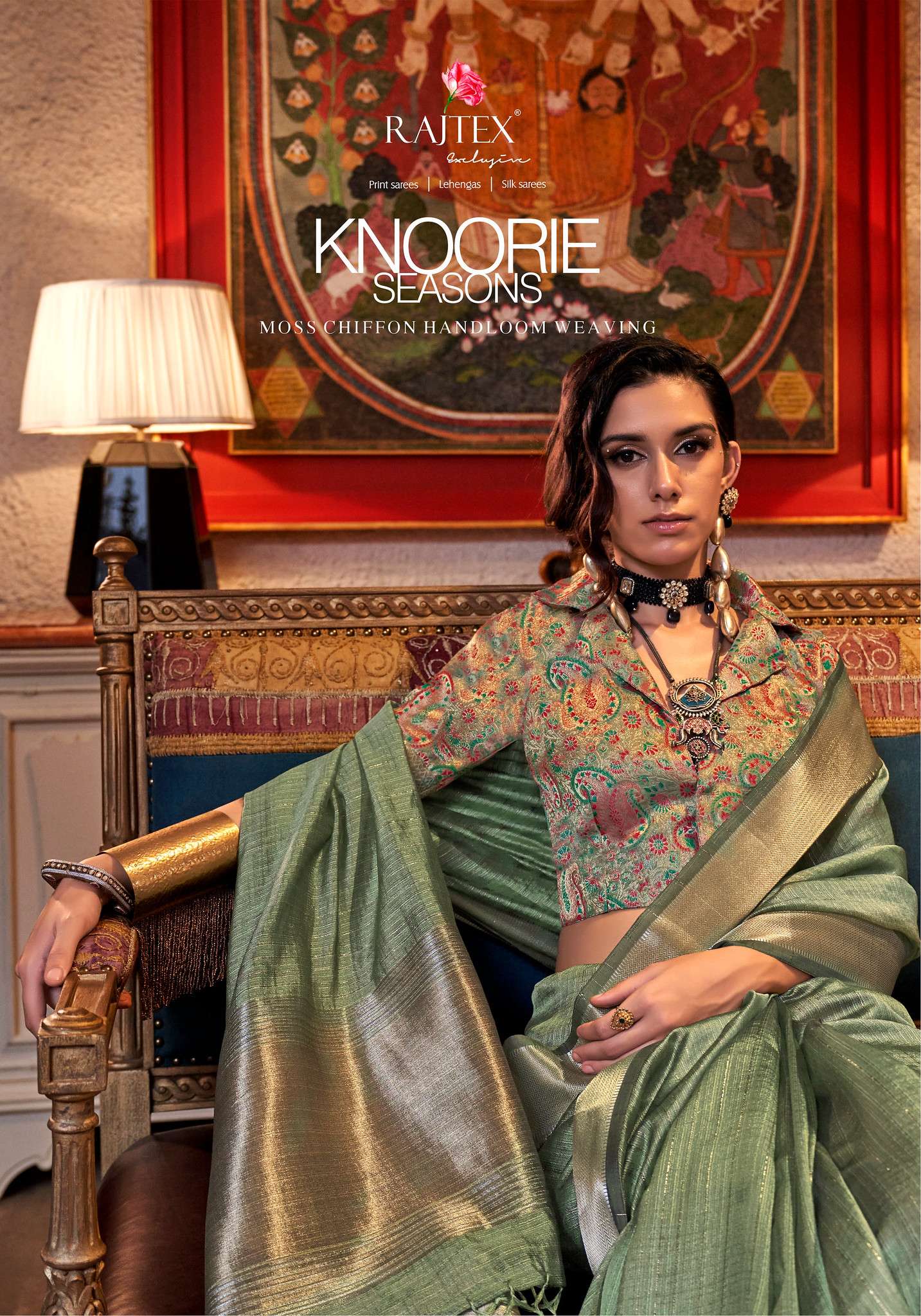 KNOORIE SEASONS BY RAJTEX 394001 TO 394006 SERIES MOSS CHIFFON ZARI WORK SAREES