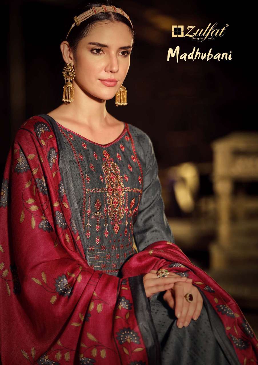 MADHUBANI BY ZULFAT 455-001 TO 455-010 SERIES PASHMINA WORK WINTER WEAR DRESSES