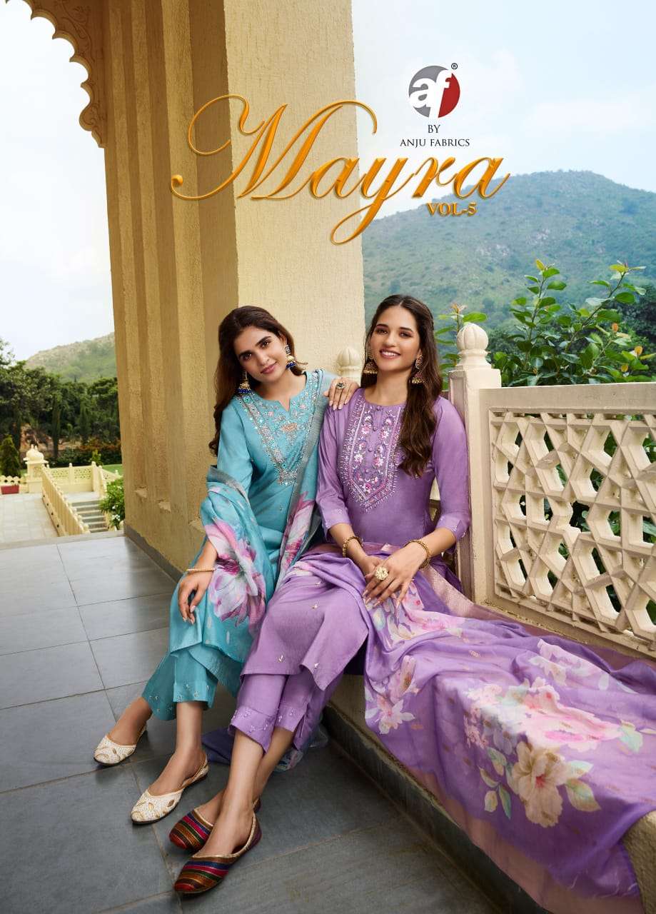 MAYRA VOL-5 BY ANJU FABRICS 3851 TO 3856 SERIES SHIMMER FABRIC WORK READYMADE DRESSES