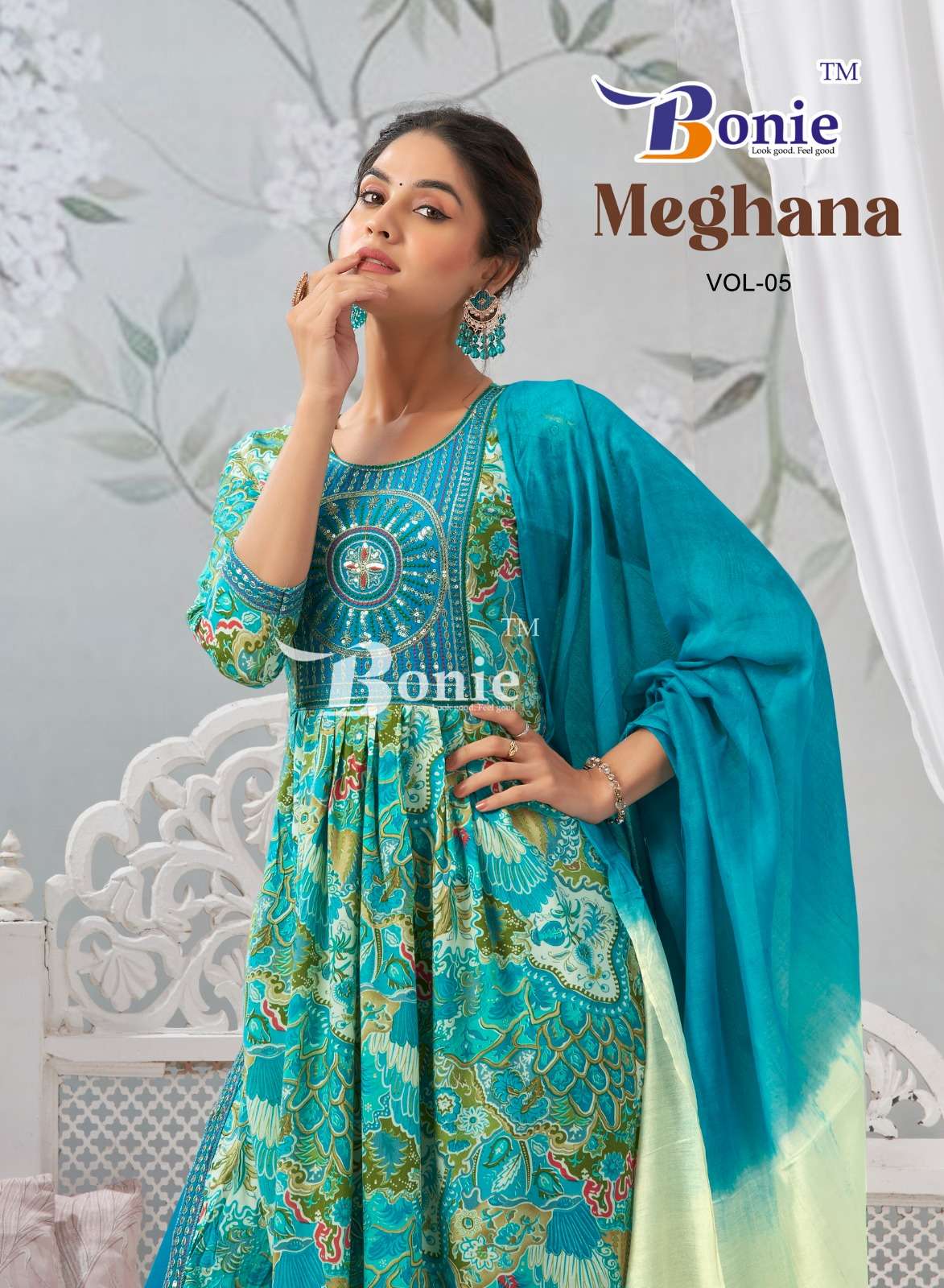 MEGHANA VOL-5 BY BONIE 5001 TO 5006 SERIES RAYON PRINT WORK READYMADE DRESSES