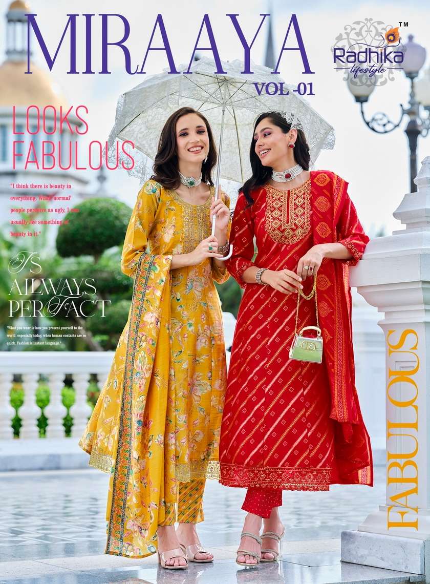 MIRAAYA VOL-1 BY RADHIKA LIFESTYLE 1001 TO 1006 SERIES SCHIMMER PRINT READYMADE DRESSES