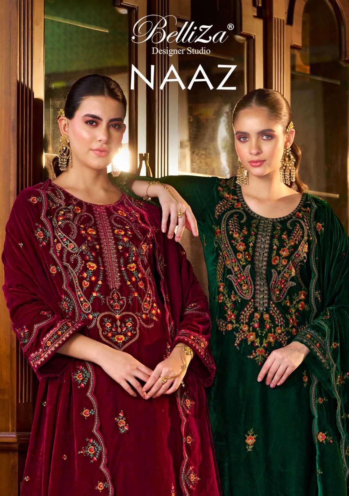 NAAZ BY BELLIZA 972-001 TO 972-004 SERIES VELVET HEAVY EMBROIDERY WORK WINTER DRESSES