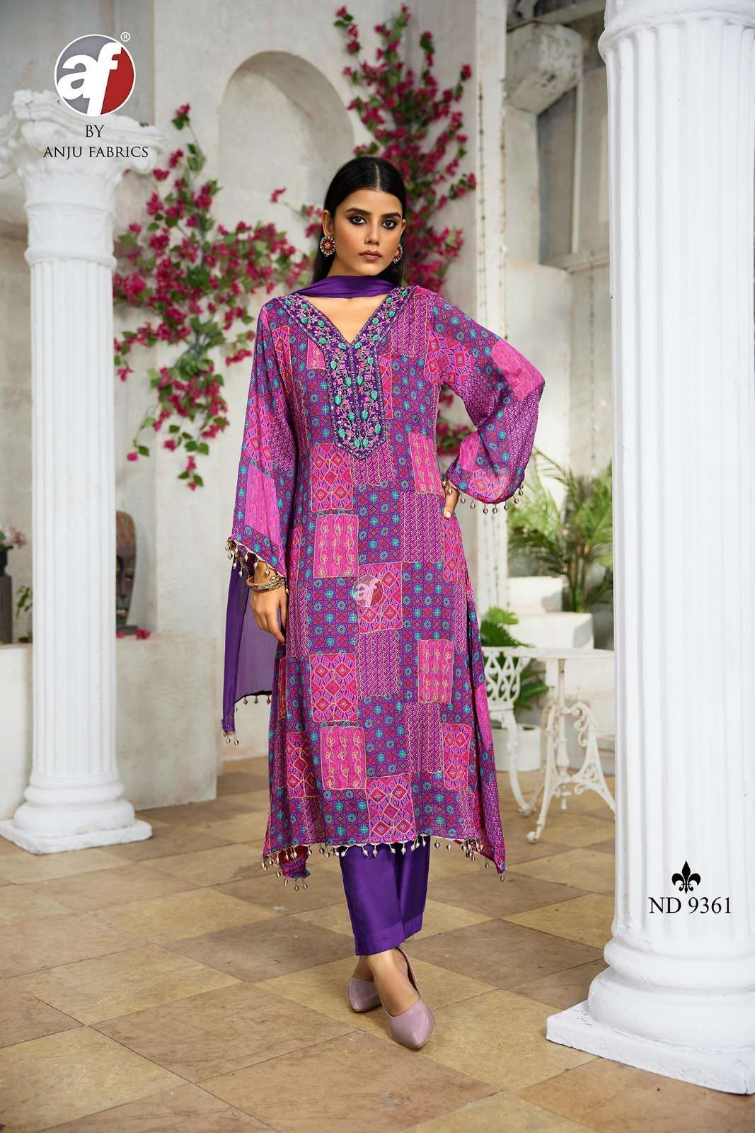 ND-9361 BY ANJU FABRICS PURE CHINON CHIFFON PRINT WORK READYMADE DRESS