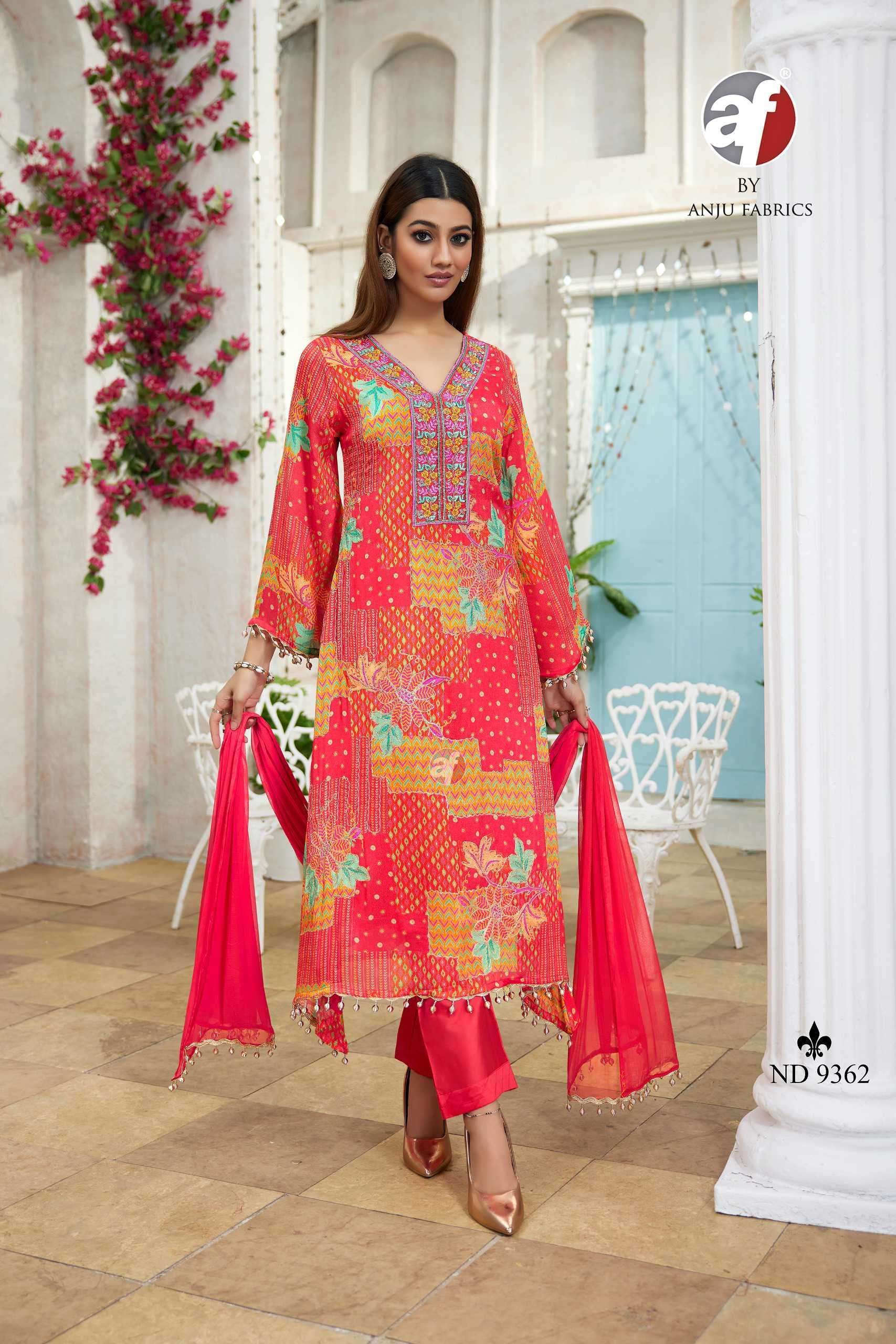 ND-9362 HIT DESIGN BY ANJU FABRICS CHINNON CHIFFON PRINT WORK READYMADE DRESS