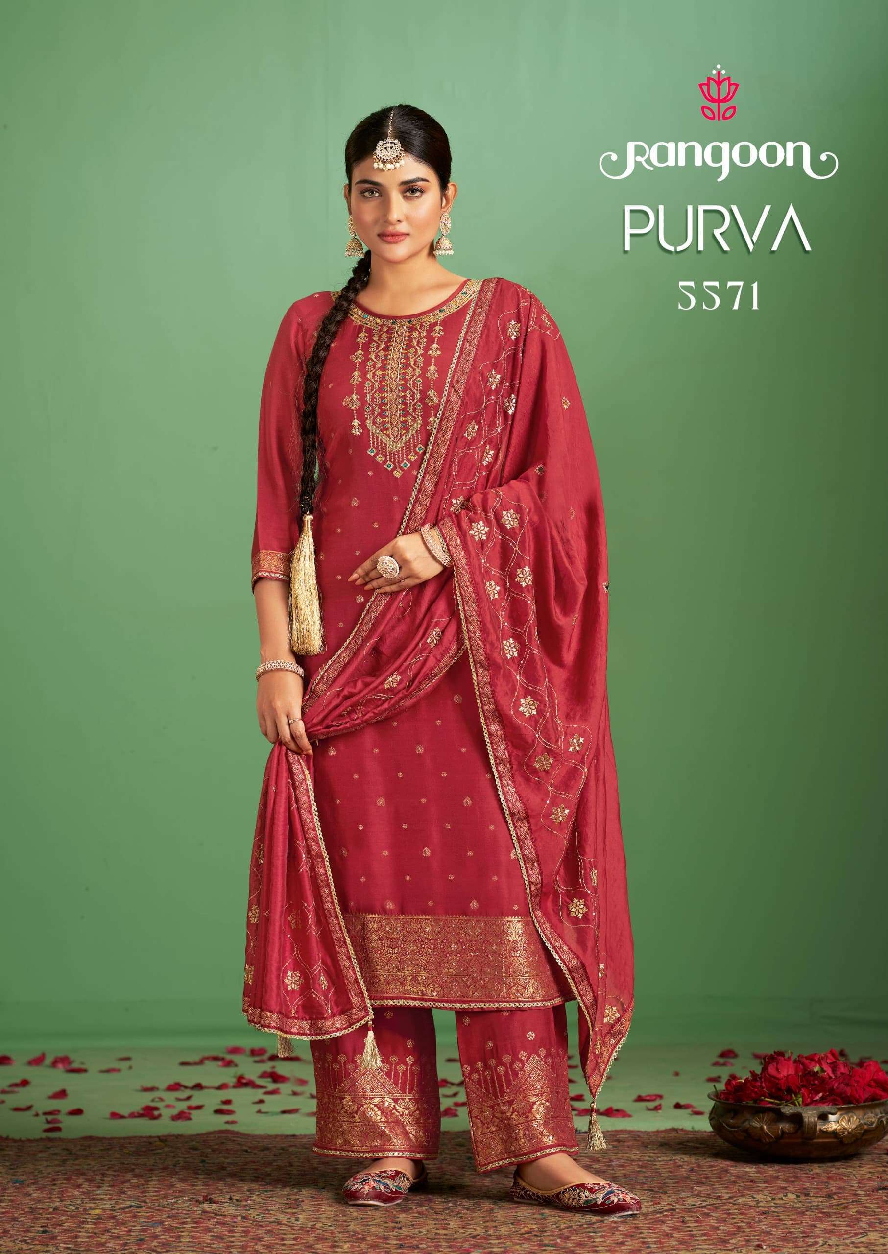 PURVA BY RANGOON 5571 TO 5574 SERIES MUSLIN JACQUARD WORK READYMADE DRESSES