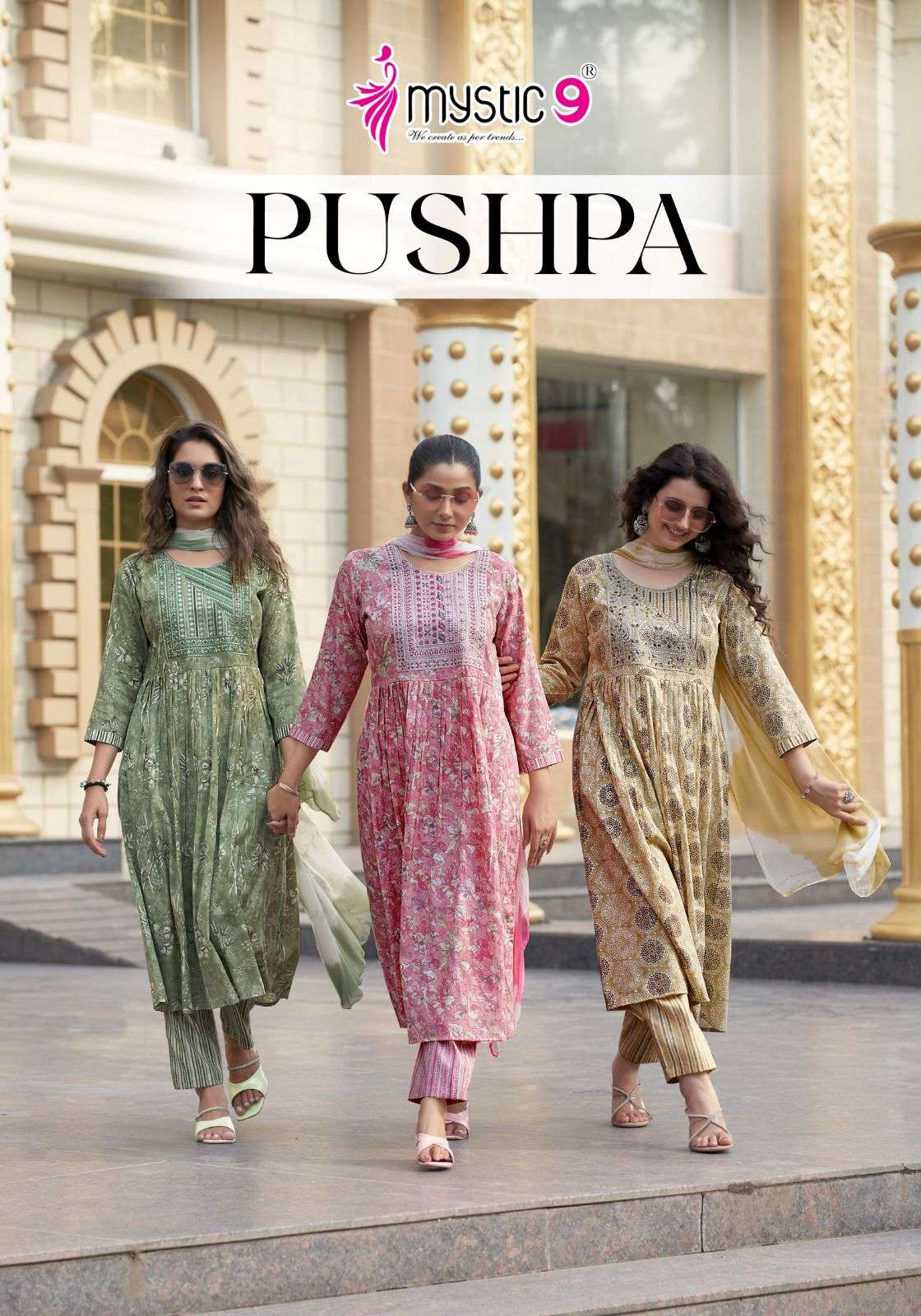 PUSHPA BY MYSTIC9 1001 TO 1008 SERIES RAYON PRINT WORK READYMADE DRESSES