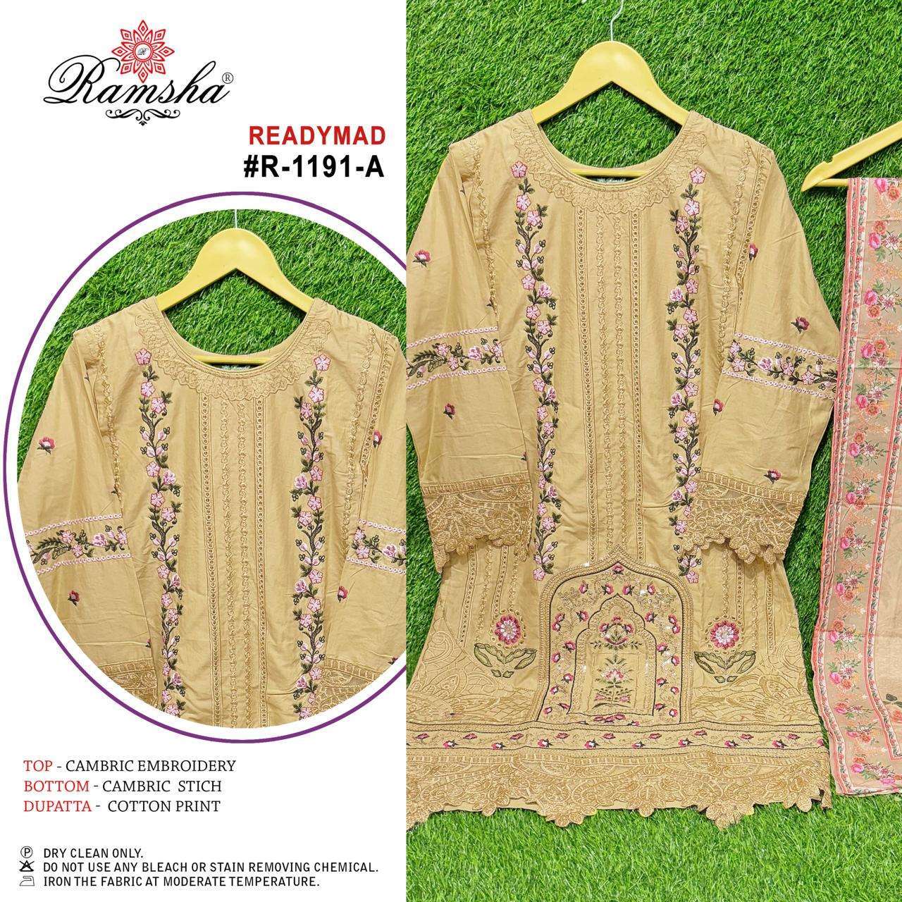 R-1191 NX BY RAMSHA 1191-A TO 1191-D SERIES CAMBRIC WORK READYMADE PAKISTANI DRESSES