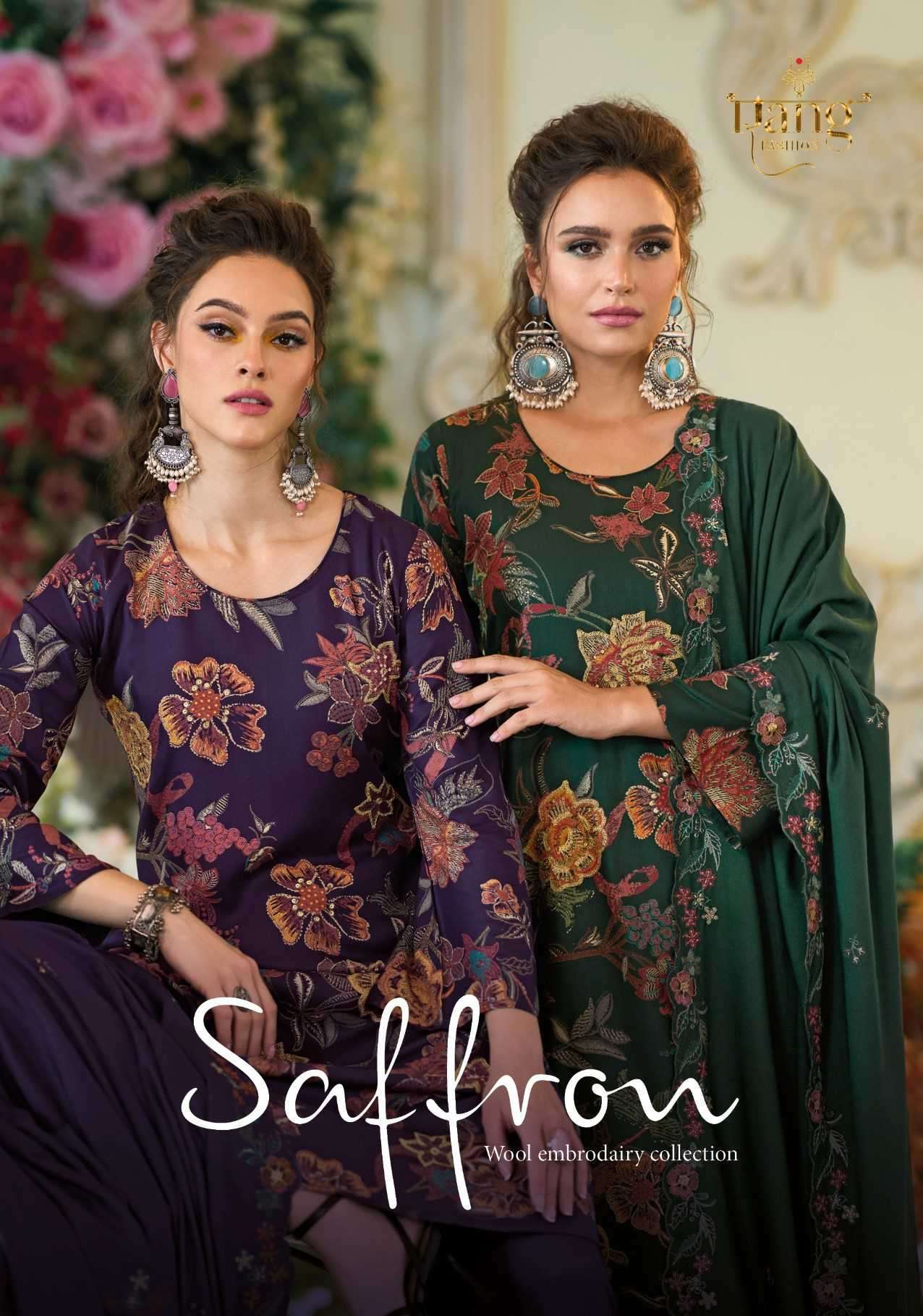 RANG FASHION SAFFRON BY AQSAWHOLESALE PURE WOOL PRINT WORK WINTER WEAR DRESSES