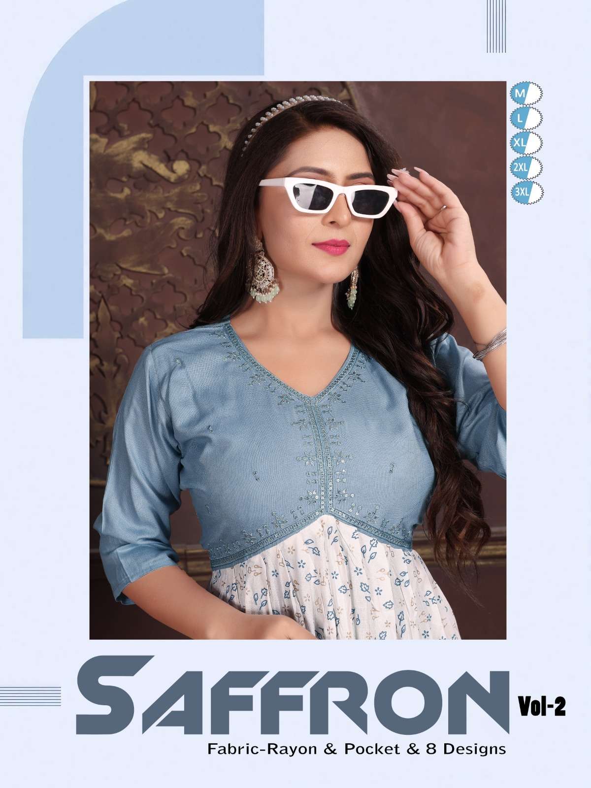 SAFFRON VOL-2 BY AQSAWHLESALE 201 TO 208 SERIES RAYON PRINT WORK KURTIS