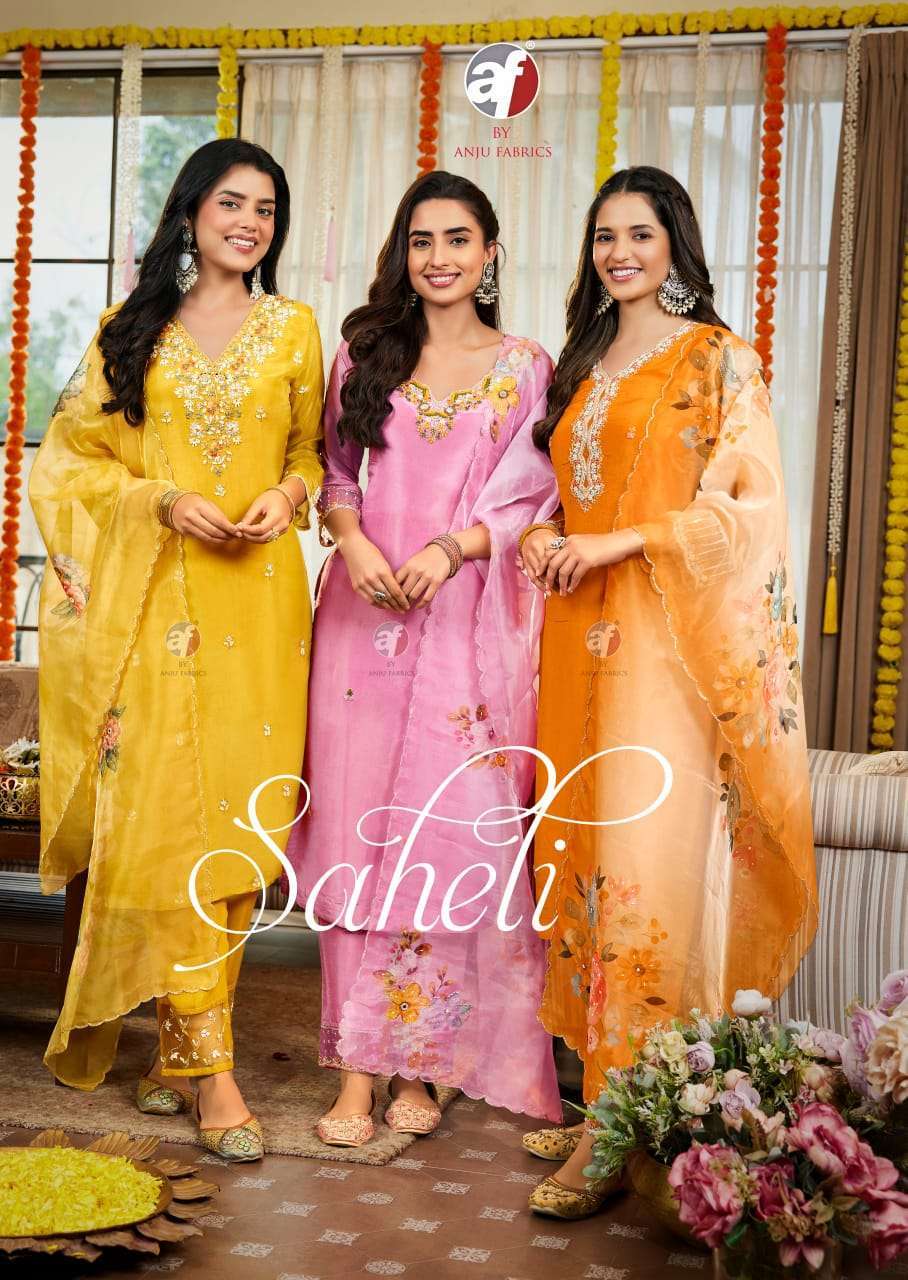 SAHELI BY ANJU FABRICS 3961 TO 3966 SERIES TISSUE SHIMER PRINT WORK READYMADE DRESSES