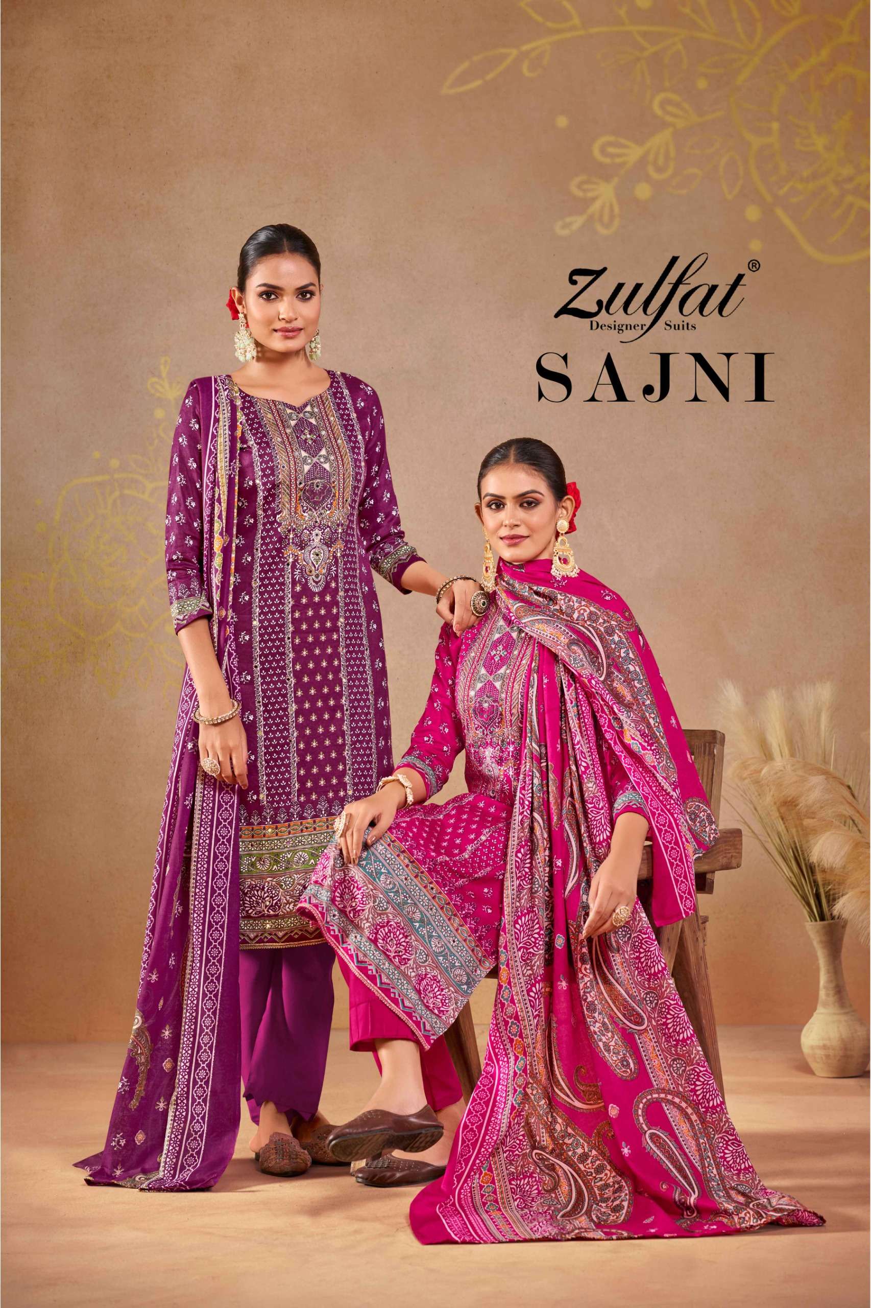 SAJNI BY ZULFAT 582-001 TO 582-006 SERIES PURE JAM COTTON PRINT WORK DRESSES