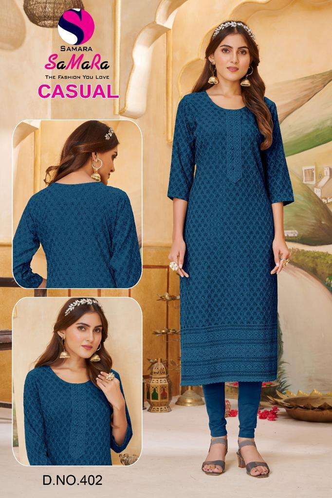 SAMARA CASUAL BY AQSAWHOLESALE 401 TO 427 SERIES RAYON SCHIFFLI WORK KURTI & PANTS