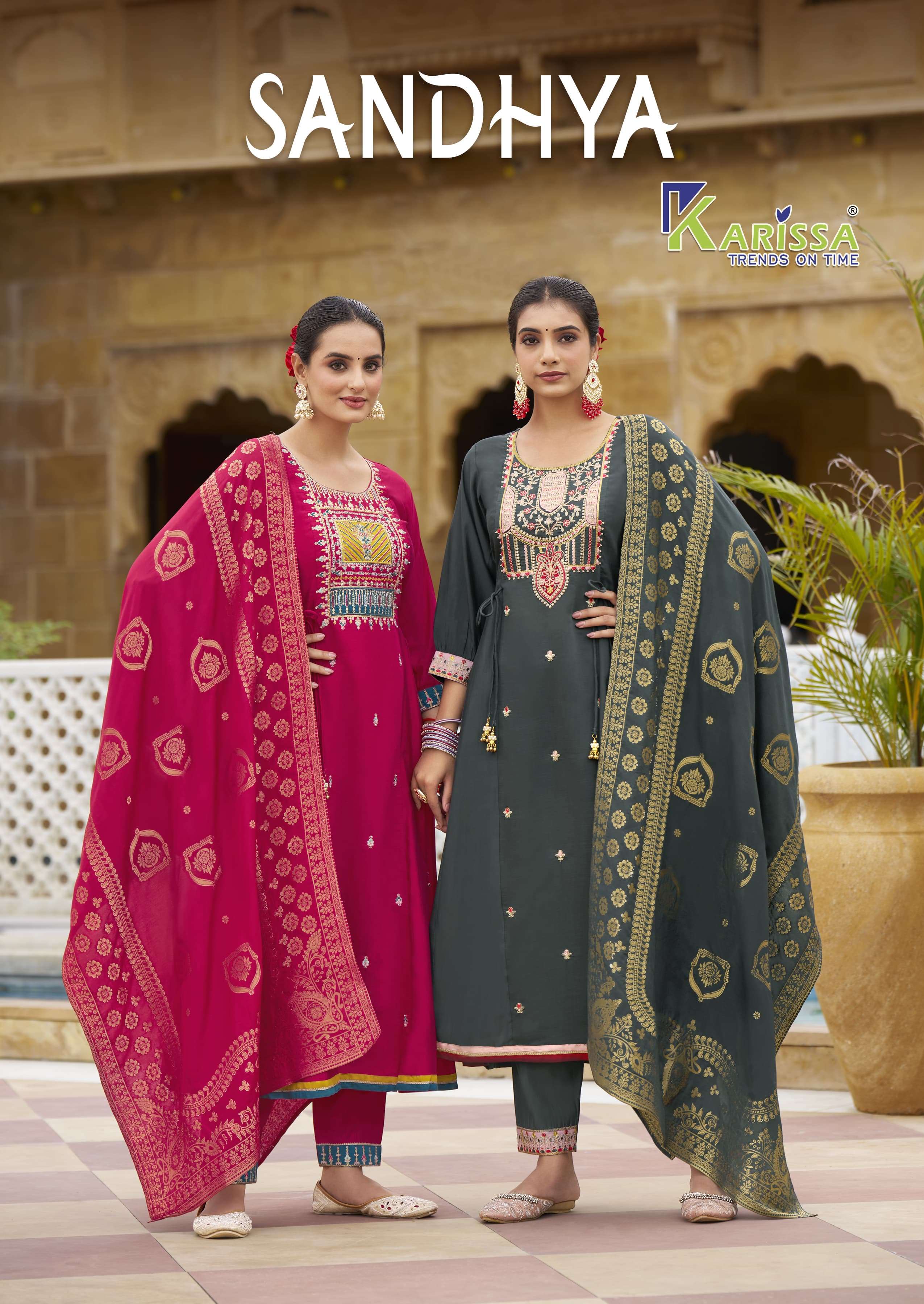 SANDHYA BY KARISSA 1001 TO 1004 SERIES ROMAN SILK EMBROIDERY READYMADE DRESSES