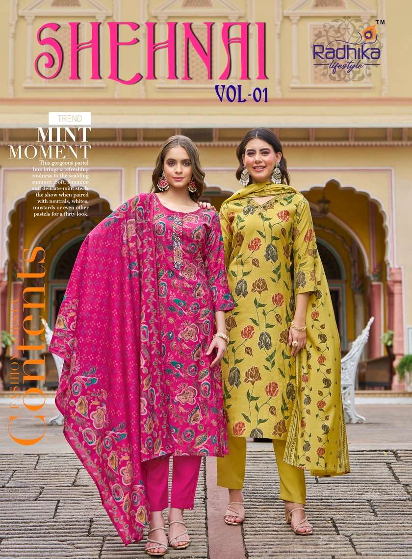 SHEHNAI VOL-1 BY RADHIKA LIFESTYLE 1001 TO 1006 SERIES VARTICAN WORK READYMADE DRESSES