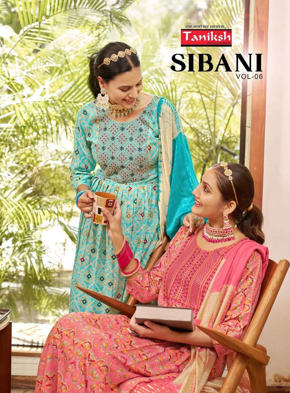 SIBANI VOL-6 BY TANIKSH 6001 TO 6008 SERIES RAYON PRINT WORK READYMADE DRESSES