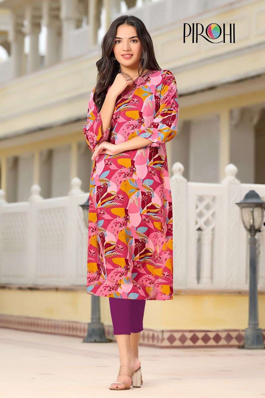 SIRI BY PIROHI RAYON FOIL PRINT EMBROIDERY WORK KURTIS