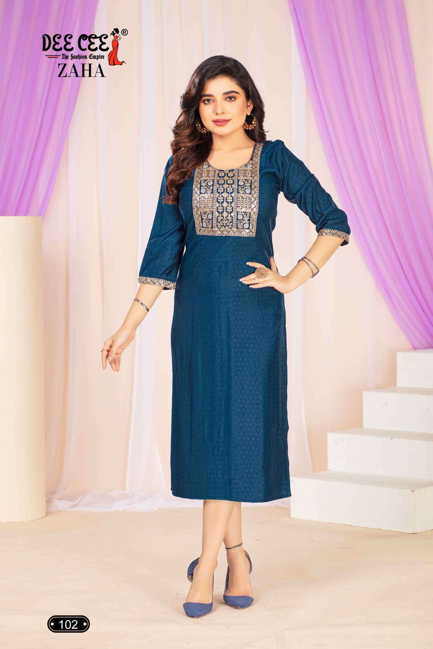 ZAHA BY DEE CEE 101 TO 106 SERIES ROMAN SILK EMBRODIERY WORK KURTIS