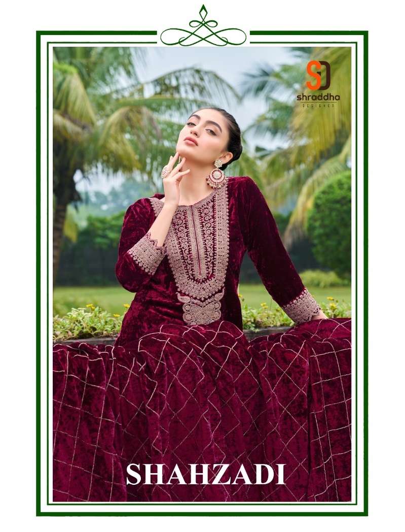 SHAHZADI BY SHRADDHA DESIGNER 1001 TO 1004 SERIES VELVET WORK WINTER WEAR DRESSES