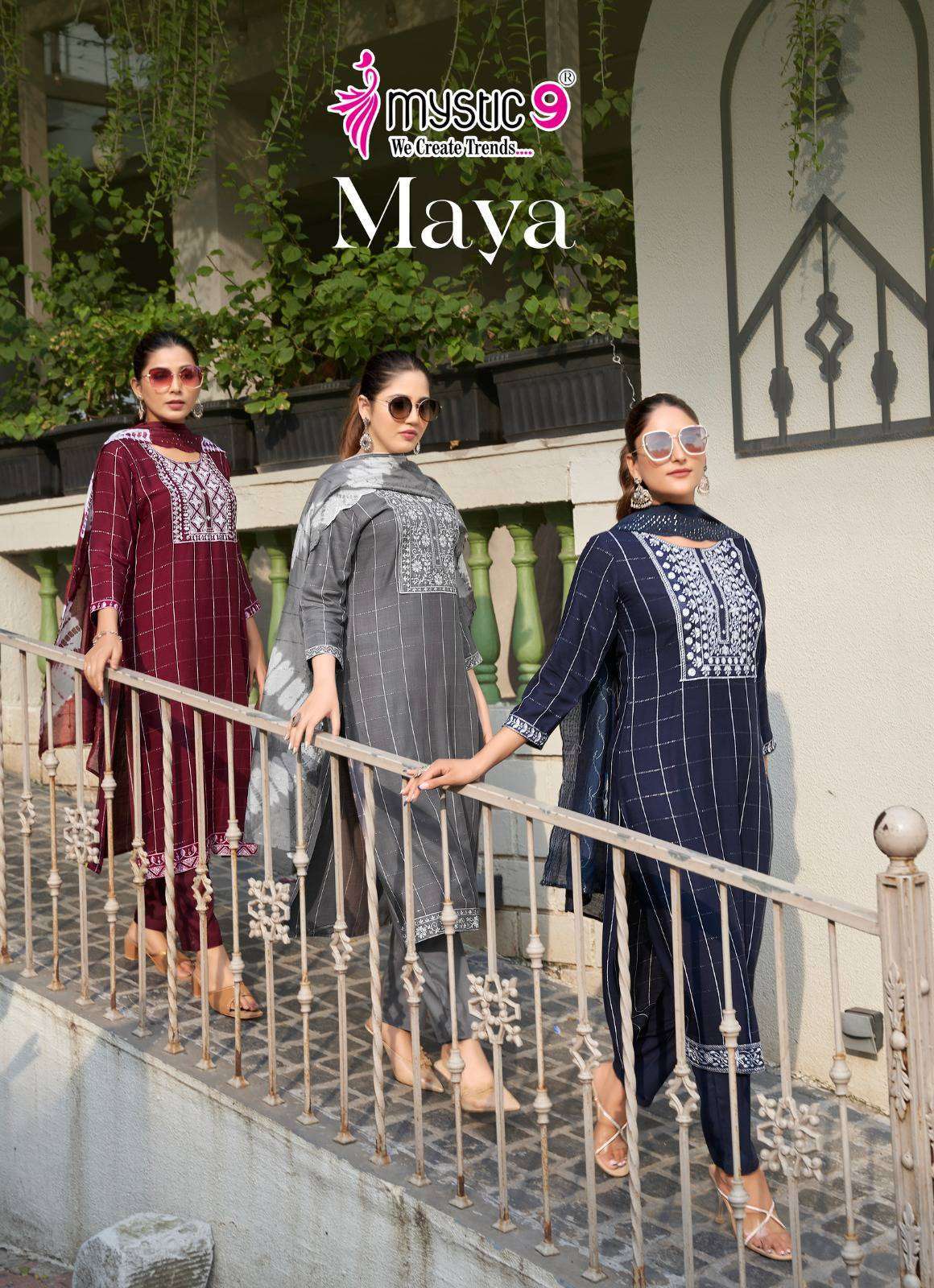 MAYA BY MYSTIC9 1001 TO 1008 SERIES RAYON DOBBY EMBROIDERY WORK READYMADE DRESSES