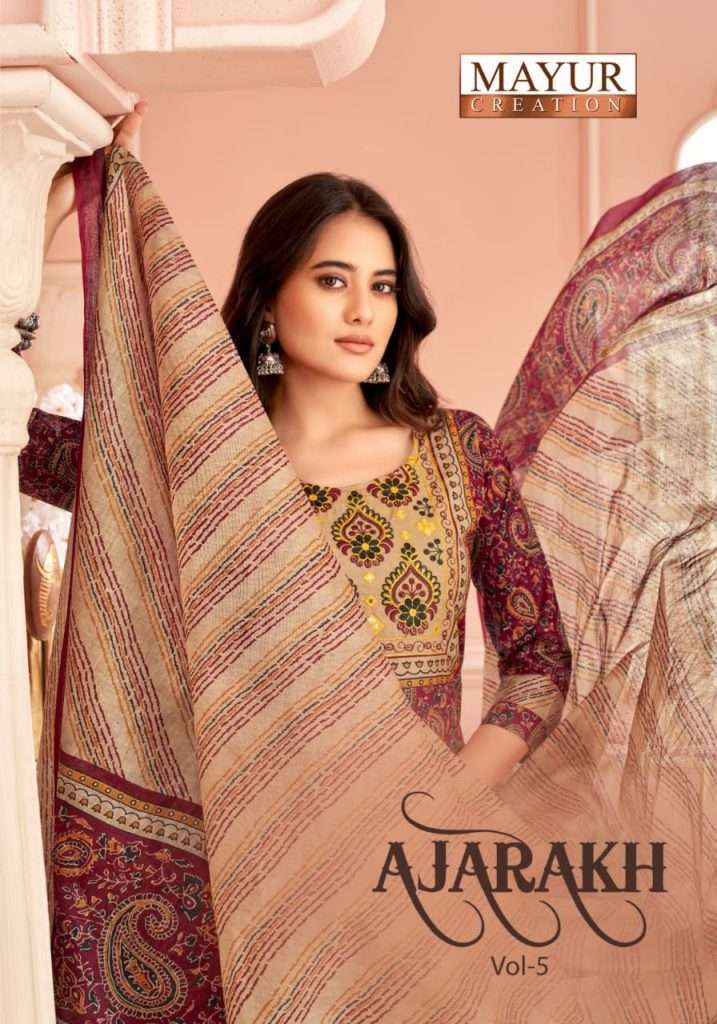 AJARAKH VOL-5 BY MAYUR CREATION 5001 TO 5010 SERIES COTTON PRINT WORK READYMADE DRESSES