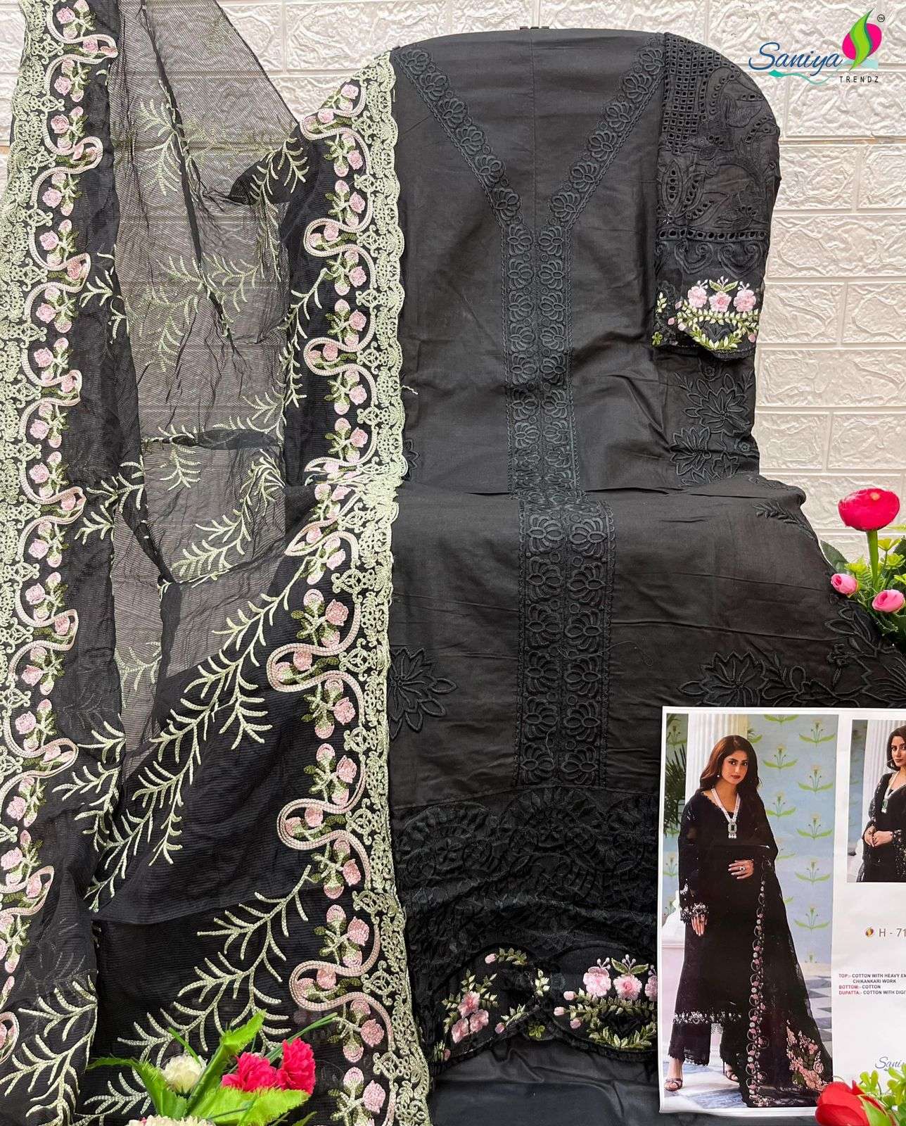 ELAF BLACK 7102 BY SANIYA TRENDZ COTTON CHIKANKARI WORK DRESS