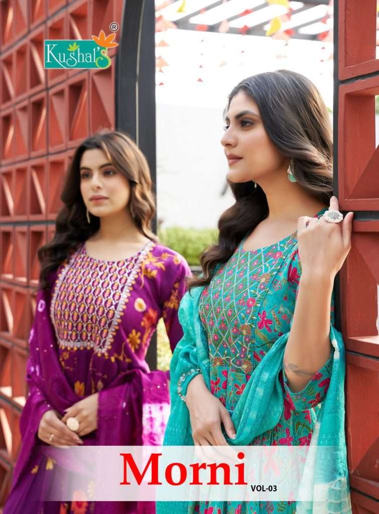 MORNI VOL-3 BY KUSHALS 3001 TO 3008 SERIES COTTON PRINT WORK READYMADE DRESSES