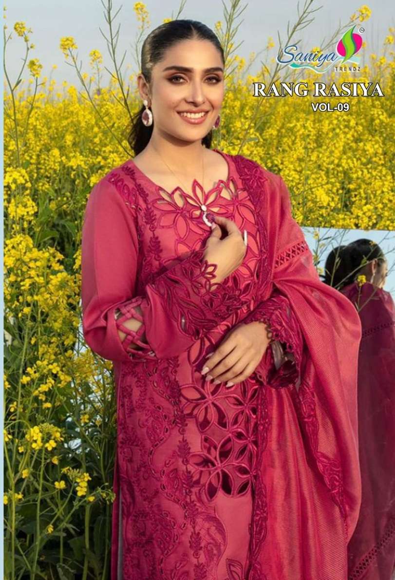 RANG RASIYA VOL-9 BY SANIYA TRENDZ PURE COTTON EMBROIDERY PAKISTANI DRESSES