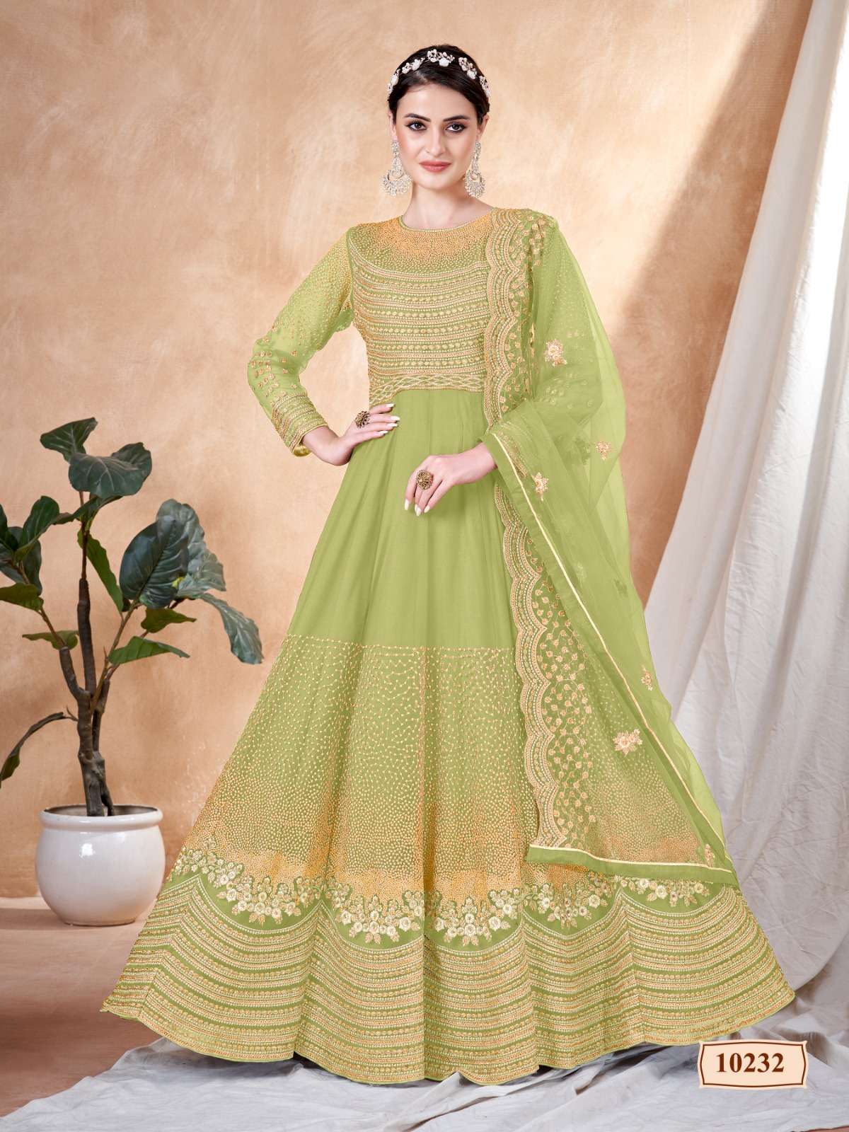 Green & Mustard Yellow Coloured Faux Georgette with Heavy Embroidery S –  Royskart